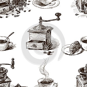 Pattern of the coffee grinders and coffee cups photo