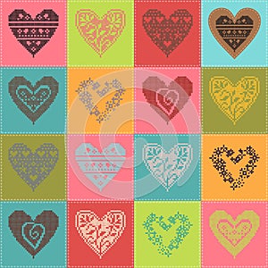 Pattern with collection hearts in vintage patchwork style.