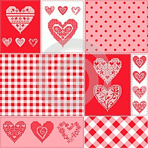 Pattern with collection hearts in vintage patchwork style.