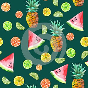 A pattern with the colored watercolor candied fruits, pineapple, lime and watermelon