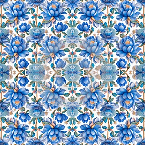 Rapport seamless of magnolias with blue petals for pattern. Generative AI. Pattern mirrored repeat duplicates background photo