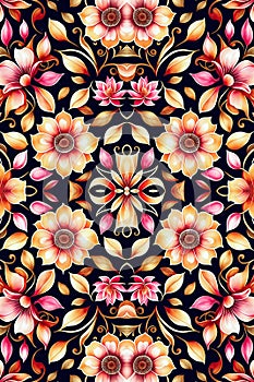 Rapport seamless of big flowers multicolor tapestry pattern. Generative AI. Pattern mirrored repeat duplicates background photo