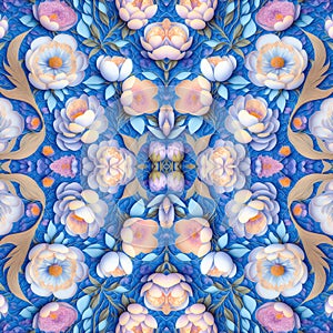 Rapport seamless of lotus water lily flower for tapestry pattern. Generative AI. Pattern mirrored repeat duplicates background photo
