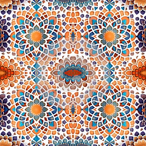 Rapport seamless of mosaic tesserae of flowers multicolor tapestry pattern. Generative AI. Pattern mirrored repeat duplicates photo