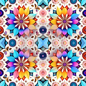 Rapport seamless of rosettes ornaments multicolor tapestry pattern. Generative AI. Pattern mirrored repeat duplicates background photo