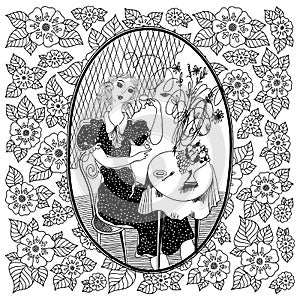 Pattern for coloring book for adult. Vintage girl drinking coffee in a cafe in the summer