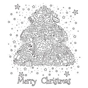 Pattern for coloring book. Christmas hand-drawn decorative elements in vector.