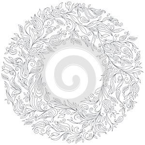 Pattern for coloring book. Floral, doodle, vector, wreath