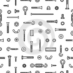 Pattern construction hardware, screws, bolts, nuts and rivets. Equipment stainless, fasteners, metal fixation gear on