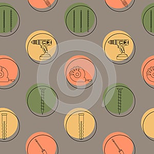 Pattern from construction tools. Icons. Drilling machine, drill, screwdriver, self-tapping screw, dowel, tape measure