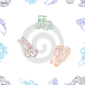 Pattern with construction vehicles made in the style of drawing with a ballpoint pen lines on a transparent background