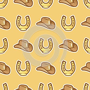 Pattern cowboy hat for horseman and horseshoe on yellow background. Stetson hat for cowboy and horse shoe seamless