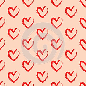 Pattern of crayon hearts hand drawn vector sketch. Seamless heart art background hand drawn by wax crayon drawing