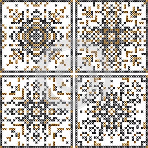 Pattern cross stitch set. Scandinavian patterns, Patterns for embroidery. Golden silver background. Vector illustration