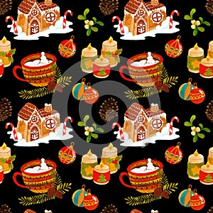 Pattern with cup of snow and ginger bread house