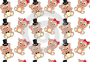 Pattern of cute, beautiful, brown bear girl and boy with big head and blue eyes in a cylinder and bow tie, bow and pearl necklace