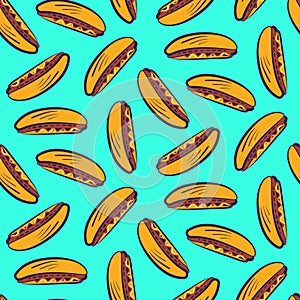 Pattern with cute cartoon american hot dog
