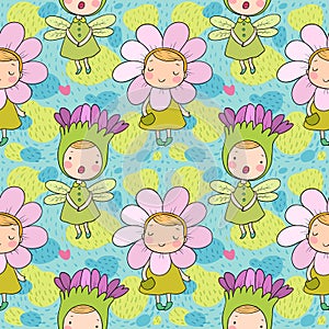 Pattern with Cute cartoon flower fairies. Forest gnomes. Fairytale creatures. Funny kids