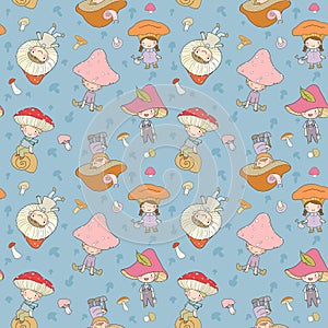 Pattern with cute cartoon gnomes mushrooms. Forest elves. Little fairies