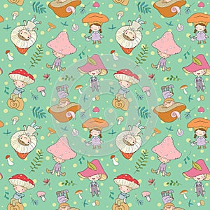 Pattern with cute cartoon gnomes mushrooms. Forest elves. Little fairies