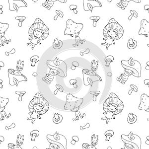 Pattern with cute cartoon gnomes mushrooms. Forest elves. Little fairies