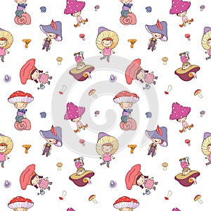 Pattern with cute cartoon gnomes mushrooms. Forest elves. Little fairies