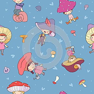 Pattern with cute cartoon gnomes mushrooms. Forest elves. Little fairies