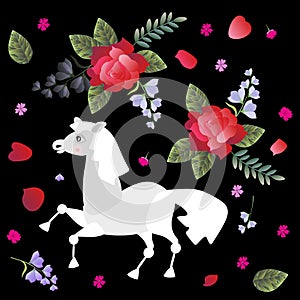 Pattern with cute cartoon horse, roses and bell flowers isolated on black background. Russian motif