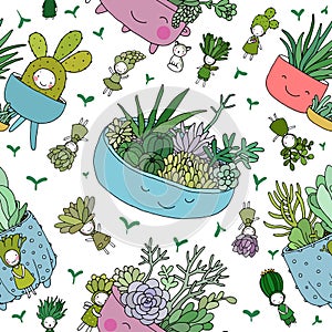 Pattern with cute cartoon succulents. cactus and aloe in pots. Small elves and fairies.