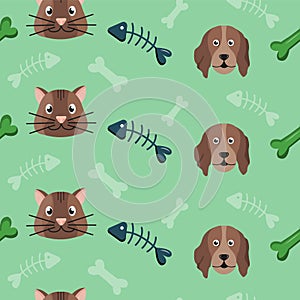 Pattern with cute cat and dog, paws and fish. Kids background