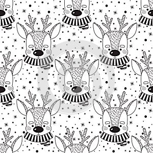 Pattern with cute deer.Vector illustration in doodle style.