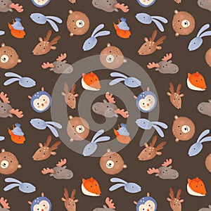 The pattern with cute faces of forest animals