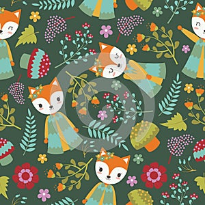 Pattern with cute fox and flowers on dark background vector cartoon