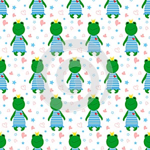 Pattern with a cute frog in a crown and stars and hearts. Cheerful vector illustration on a colored background.