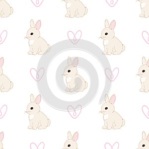 Pattern with cute little bunnies and hearts on white background.