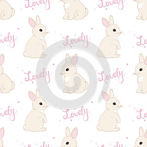 Pattern with cute little bunnies and hearts on white background.