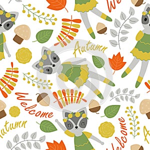 Pattern with cute raccoon and flowers vector cartoon suitable for birthday wallpaper design