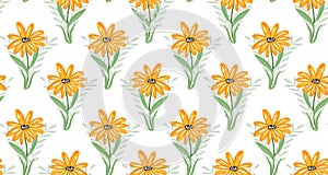 Pattern with cute sketch hand drawn orange flowers