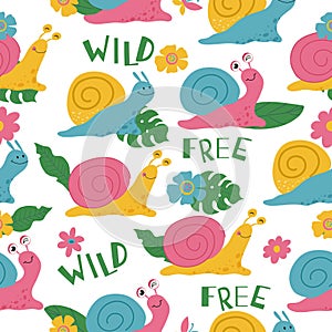 Pattern with cute snails and lettering Wild, free.