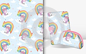 Pattern with cute unicorns with mockup book and pouch. Cute magical unicorn with rainbow and cloud