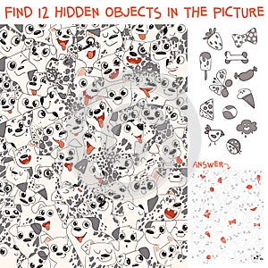 Pattern of Dalmatian puppies. Find 12 hidden objects