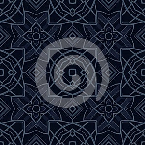 Pattern with a dark background features repeating abstract shapes