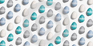 Pattern from decorated Easter eggs pastel colors green, blue, gray, beige on white Happy Easter holiday, celebration