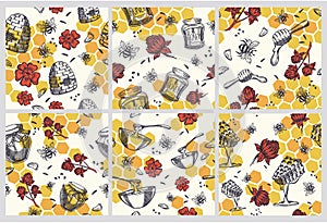 Pattern decoration set with honey jar, bees insect