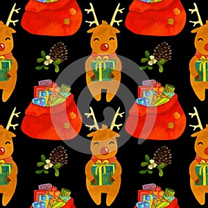 Pattern deer Rudolf with new year gifts