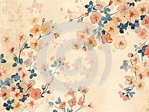 Pattern with delicate flower stems arranged diagonally against pale beige background. Blossoming bouquet pattern