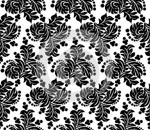 Pattern design - black seamless floral Ornament on white.
