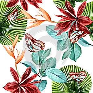 Pattern design with classis tropical theme, butterfly with foliage illustration template