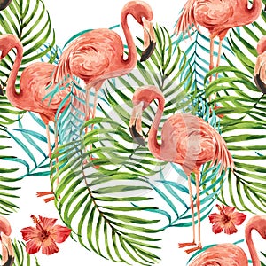 Pattern design with tropical theme, palms, monstera and hibiscus watercolor vector illustration