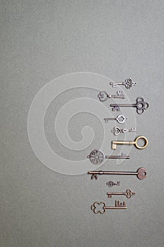 Pattern of different antique key background on gray